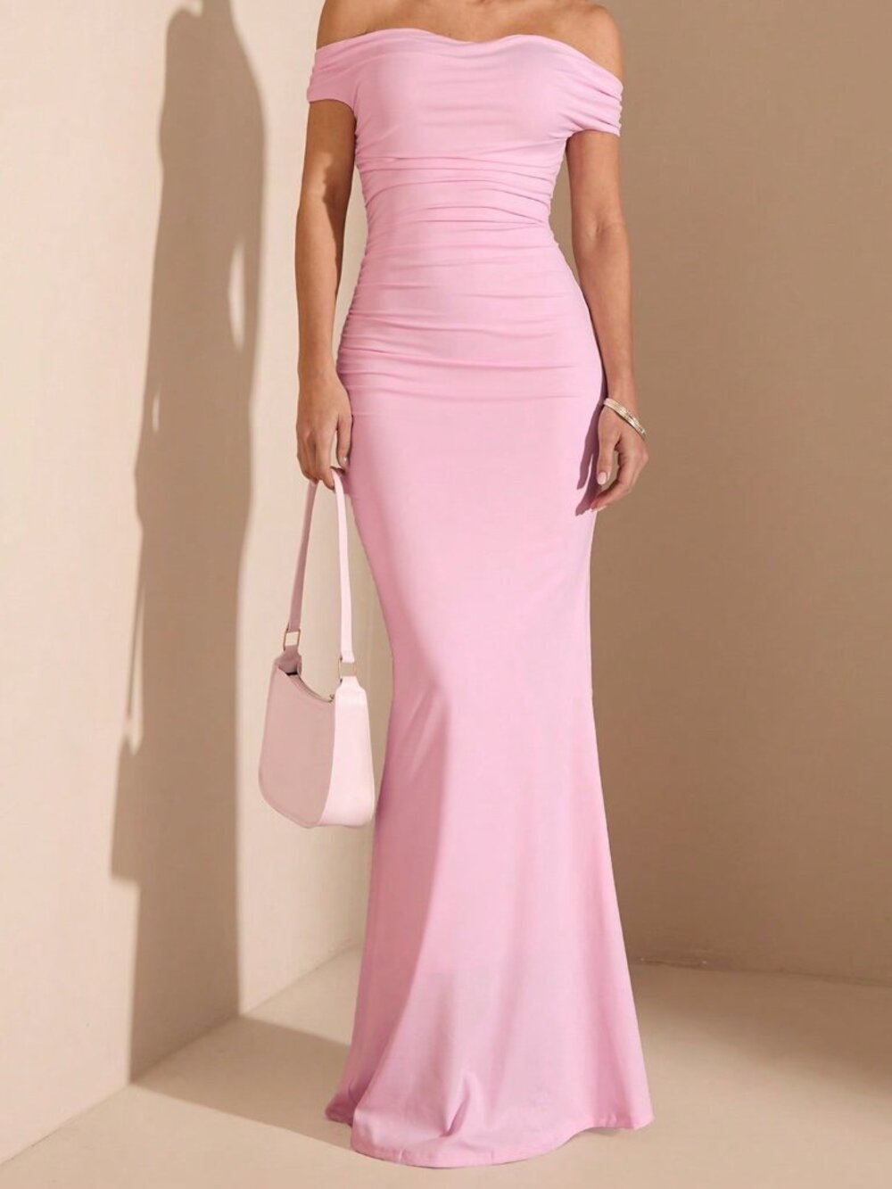 Baby Pink Elegant Women's Ruched Zipper Split Off The Shoulder Bodycon Dress - Picture 5 of 7